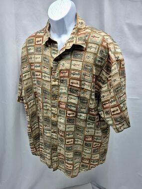 Vintage Silk Society Linen Airplane Allover Print Grid Button Down Shirt XL
